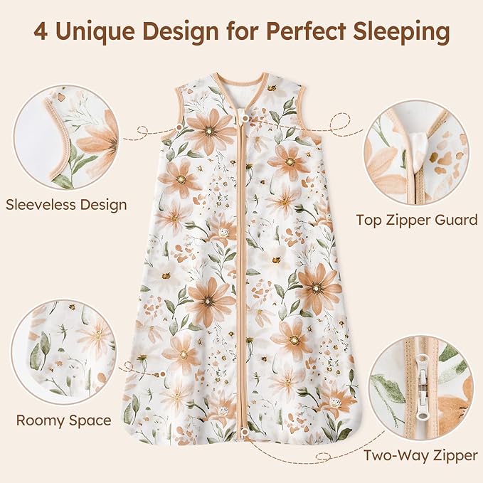Baby Sleep Sack 12-18 Months 100% Cotton Lightweight 0.5 TOG Wearable Blanket Baby Sleep Bag with 2-Way Zipper for Infant Toddler Orange Flowers