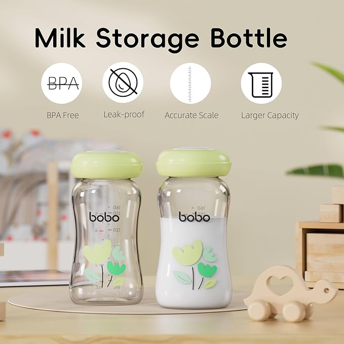 YOHKOH Glass Breast Milk Storage Bottles - 100% Leak-Proof, BPA-Free Breastmilk Storage Containers, Freezer & Dishwasher Safe, Ideal for Nursing Mothers (Green, 5.4oz (Pack of 4))