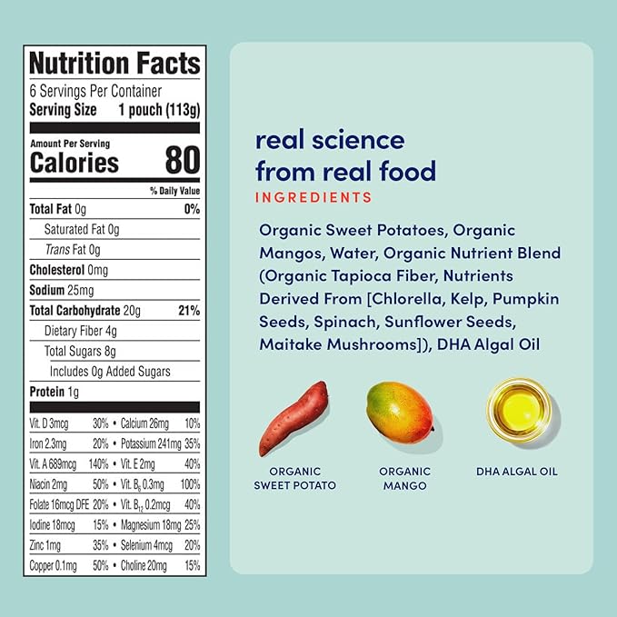 Cerebelly Organic Baby Food Pouches, Sweet Potato Mango Purees, 16 Nutrients, No Added Sugar, Fiber & Non-GMO, 4oz, 6 Pack