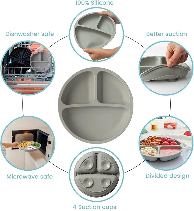 Silikong Suction Plate for Toddlers | BPA Free, 100% Food-Grade Silicone | Microwave, Dishwasher and Oven Safe | Stay Put Divided Baby Feeding Plates (3, Pink/Purple/Grey)