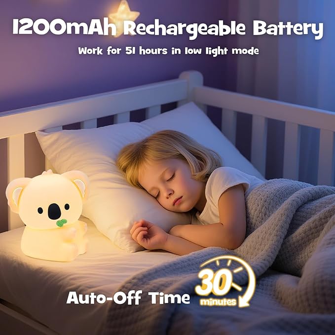 Squishy Koala Night Light with RGB Mode Cute Cuddly Koala Light 3 Brightness Adjustable Nursery Breastfeeding Nightlight Rechargeable Silicone Touch Bedside Animal Lamp for Bedroom Dorm Decor