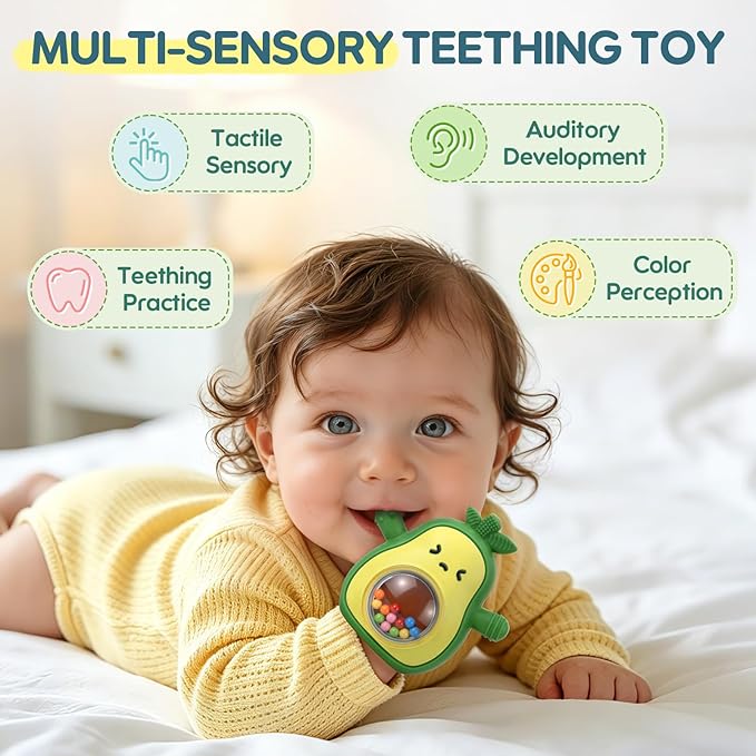Avocado Baby Teething Toys 3-6 6-12 Months, Baby Teething Mitten with Rattle, Newborn Silicone Teether Chew Toys for Infants 3 6 9 12 18 Months, Baby Shower Gifts for Boys Girls