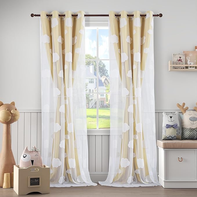 Yellow Double Layer Curtains for Bedroom Room Darkening Kids Curtains 95 Inches Long Cloud Pattern Sheer Curtains Grommet Top for Living Room Set of 2 Panels, 52 X 95 Inch