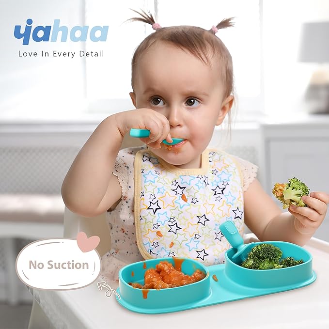 Silicone Foldable Novelty Dinner Plates,Baby Plates Travel Essential with Forks and Spoons,Microwave & Dishwasher Safe,Aqua