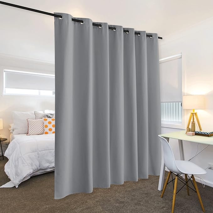 RYB HOME Blackout Room Divider Curtains Screen Partitions Energy Saving Noise Reducing Drapes Privacy Wall for Living Room Patio Doorway Church Stage, W120 x L108 inches, Sliver Grey, 1 Pc