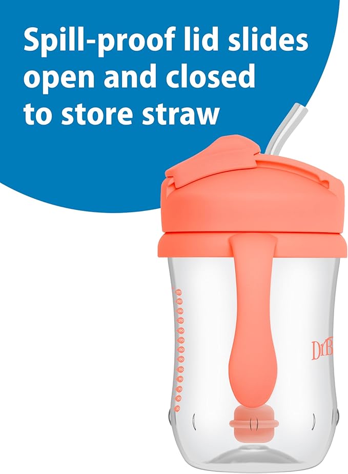 Dr. Brown's Milestones Baby's First Straw Cup, Training Cup with Weighted Straw, 9oz/270mL, Coral, BPA Free, 6m+