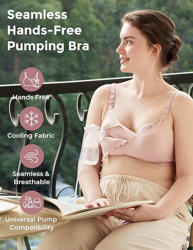 Momcozy 4-in-1 Pumping Bra Hands Free for All-Day Wear, Breast Pump Bra with Cooling Fabric Jelly Strip Support Nursing Bra