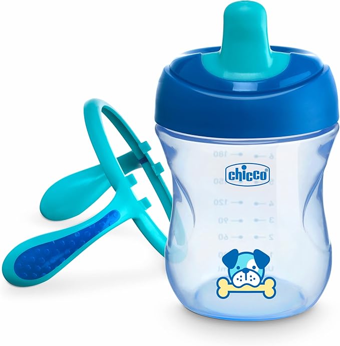 Chicco Semi-Soft Trainer with Bite-Resistant Spout and Spill-Free Lid 7oz.| Removable, Non-Slip Handles | Top-Rack Dishwasher Safe | Easy to Hold Ergonomic Indents | Blue| 6+ months