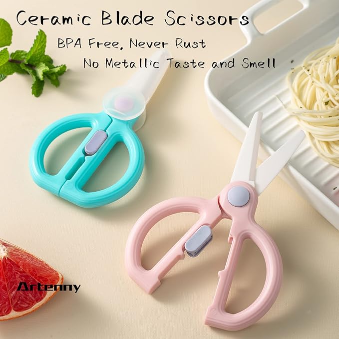 Baby Food Scissors with Travel Case, Ceramic Food Scissors Kids, Toddler Scissors with Safety Lock, Ideal for Pizza, Meats, Noodles, Vegetables, and Fruits (D)