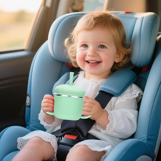 BUSOHA Stainless Steel Sippy Cups for 6+ Month Old - 3 IN 1 Silicone Sippy Cup Toddlers Baby Straw Cup with Brush,Lid and Silicon Straw Kids Anti-Drop Spill Proof Cups for Travel,8 oz,Green