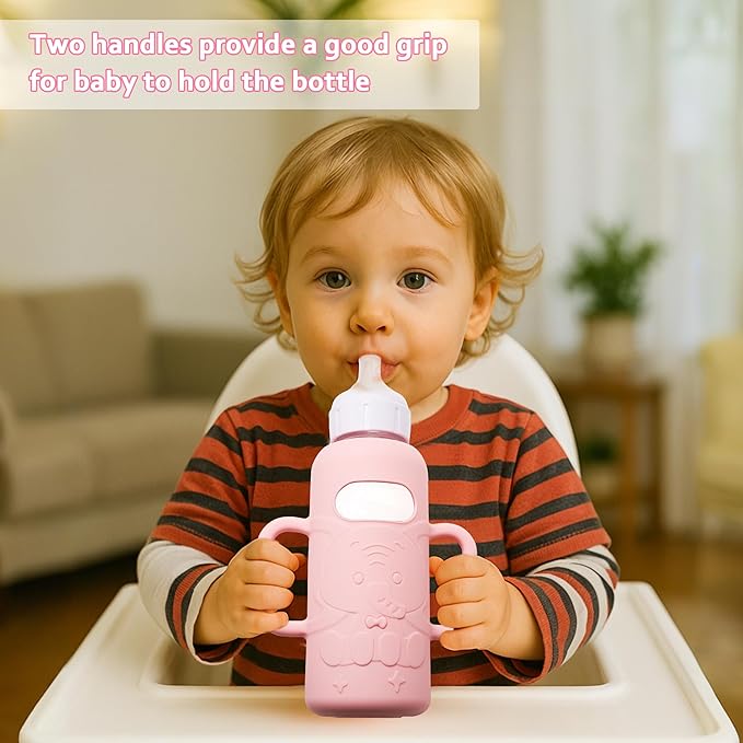 KingKam 4 Pack Silicone Sleeves for Dr. Brown's Glass Baby Bottles, Drop Protection Easy-Grip Baby Bottle Sleeves Holder with Handles, Compatible with Dr. Brown's Narrow Glass Bottles 8oz