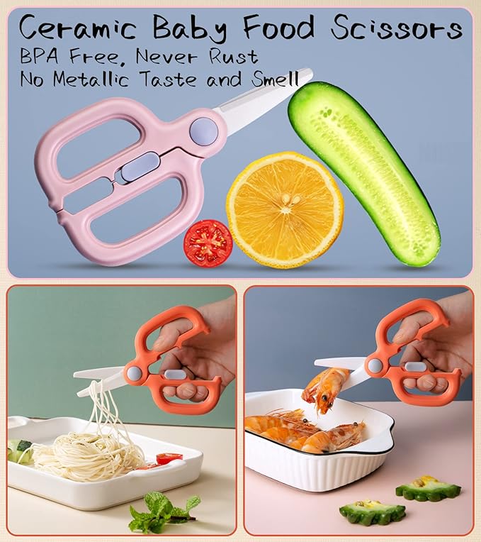 Ceramic Baby Food Scissors Kids with Travel Case, Toddler Scissors with Safety Lock, Ideal for Pizza, Meats, Noodles, Vegetables, and Fruits (A/B)