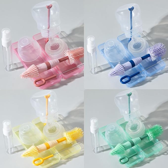 Travel Bottle Brush, 6-in-1 Portable Travel Bottle Cleaner Kit with Small Bottle Brush Built in Drying Rack, Nipple Brush, Straw Brush, Soap Dispenser, for Baby Bottles Under 8 OZ, BPA-Free(Green)