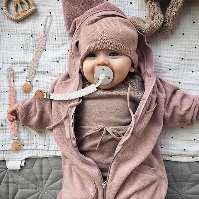 Pacifier Clip for Girl 9.2 Inch Pacifier Leashes woodern Clips Teething Toy with Handmade Braided Cotton Modern Unisex Baby Shower Birthdays Christmas Set (3 Pack Grils)