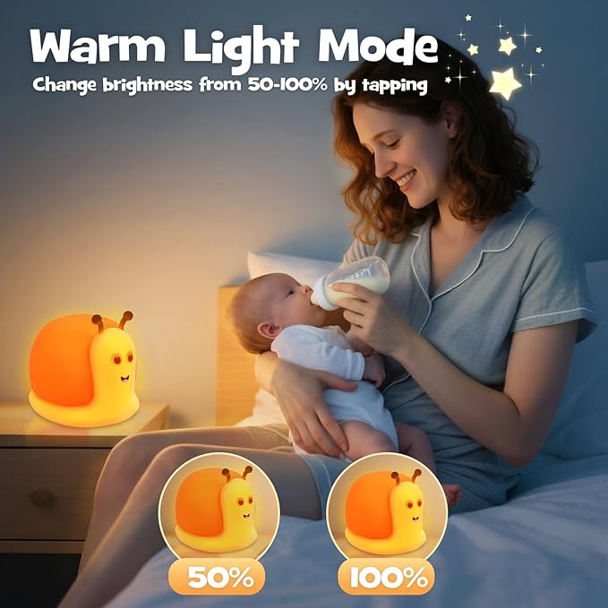 Cute Snail Night Light 2 Brightness Adjustable Fun Orange Slug Light with 30/60 Min Timer Squishy Nursery Breastfeeding Nightlight Rechargeable Silicone Touch Bedside Lamp for Home Bedroom Dorm Decor