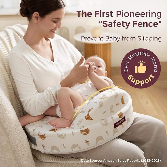 Momcozy Innovative Safety Fence Nursing Pillow - Firm & Springy Memory Foam - Stable, Ergonomic Support & Comfort - Wider Breastfeeding Cushion, Adjustable, Removable Cover, Baby Safety Certified
