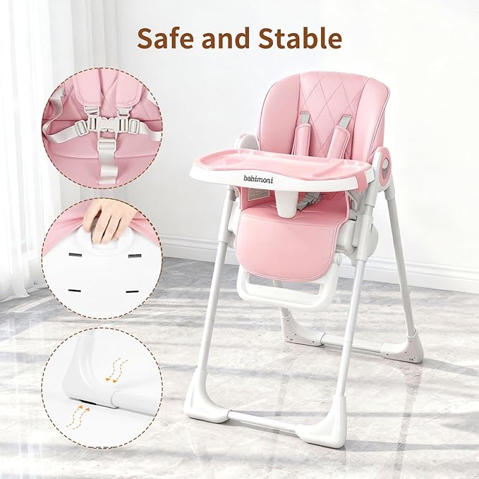 4 in 1 High Chairs for Babies and Toddlers, Foldable Baby High Chairs, Feeding and Eating Seat Highchair with 4 Levels of Recline and 7 Levels of Height Adjustment, Pink