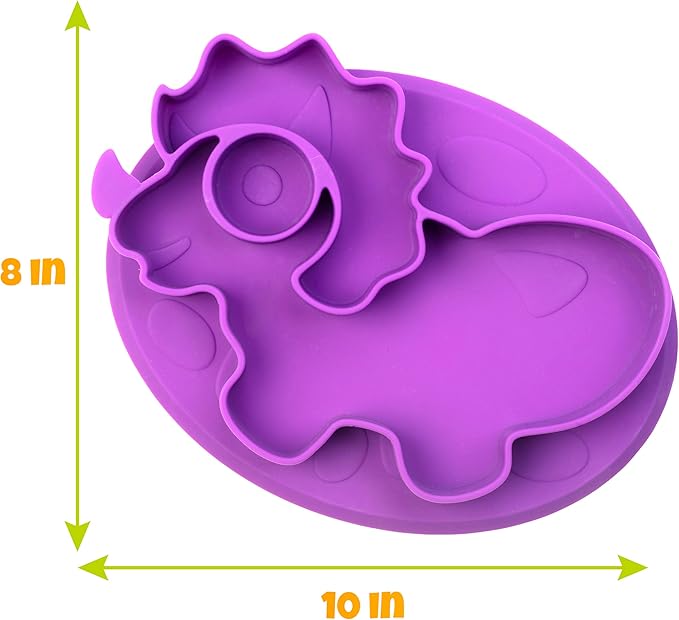 Dinosaur Silicone Compartment Plates- 3 PK T-Rex - Large Divided Sections for Easy Grabbing Baby Food Training, Non-Slip Unbreakable Material, Flexible Shapes for Toddlers, Kids - BPA Free, Food Safe