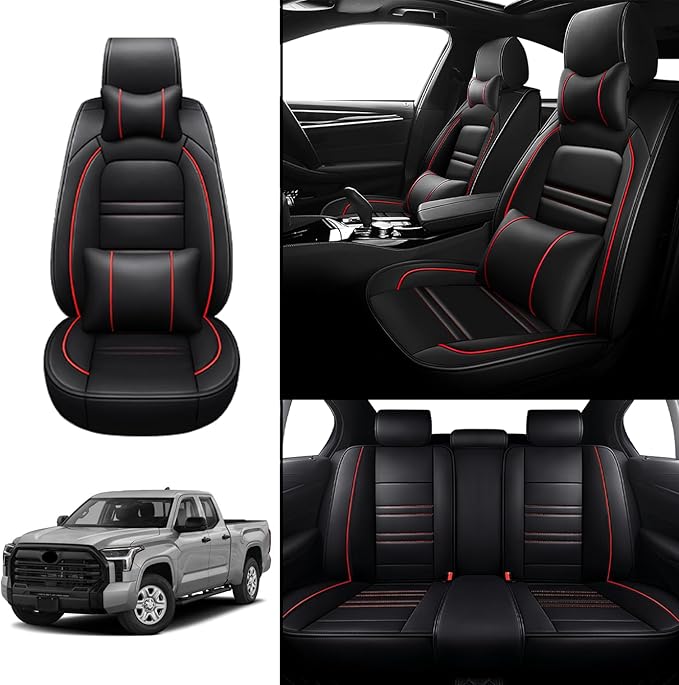 Car Seat Covers for Toyota Tundra 2000-2025 | 5-Seats Seat Covers, Waterproof Seat Protectors, Automotive Seat Covers (Full Set with Pillow,Black&Red Line)
