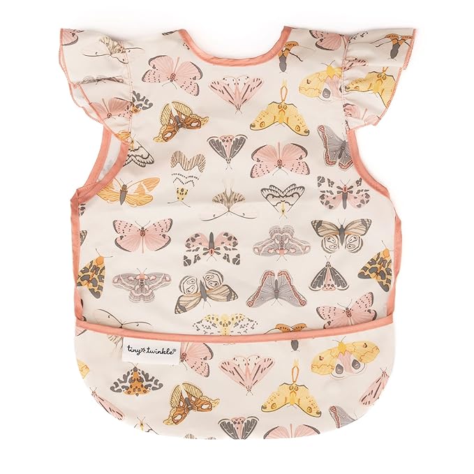 Tiny Twinkle Short Sleeve Apron Baby & Toddler Bib for Girls – Waterproof, Mess-Proof Bibs for Eating & Feeding, Machine Washable,Perfect Holiday Gift (Flutter, 6–24M)