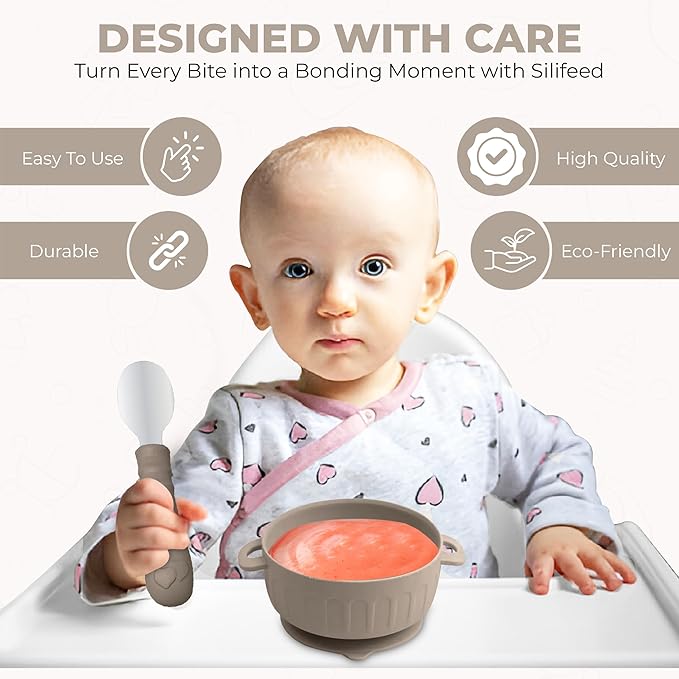 SiliFeed Silicone Baby Feeding Set – Durable, Non-Toxic Mealtime Kit with Suction Bowl, Bib, Placemat, and Soft Spoons for Infants and Toddlers