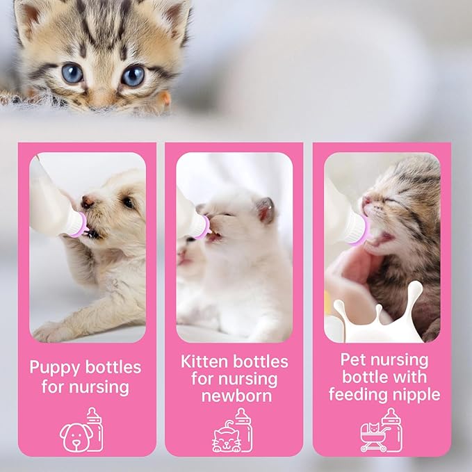 5Pack Kitten Bottle for Nursing Puppy Milk Kitten Bottles Feeding Kit Silicone Nipple for Newborn Pets Kittens, Puppy,Squirrel (Pink)