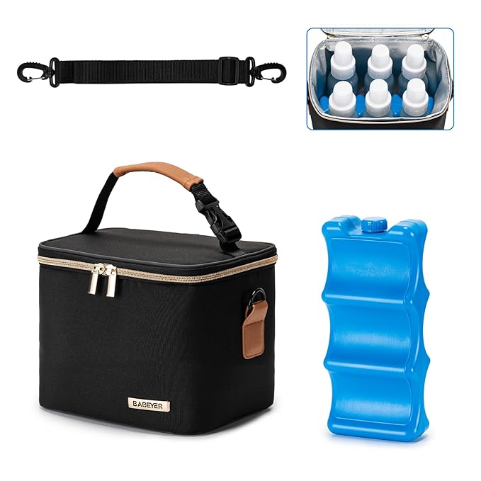 Breastmilk Cooler Bag with Ice Pack Fits 6 Baby Bottles Up to 5 Ounce, Baby Bottle Bag with Shoulder Strap for Nursing Mom Daycare-Black