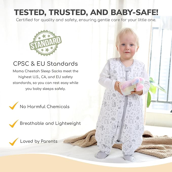Mama Cheetah Toddler Sleep Sack with Feet 2T, 1.0 TOG Organic Cotton Baby Wearable Blankets with Legs, Baby Sleeping Bag for Walkers, Early Walker Medium