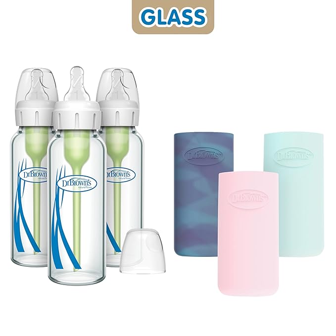 Dr. Brown's Anti-Colic Options+ Narrow Glass Baby Bottles with Silicone Sleeves, Glow, Mint, Pink, BPA-Free, 8 oz/250 mL, 0m+, 3-Pack