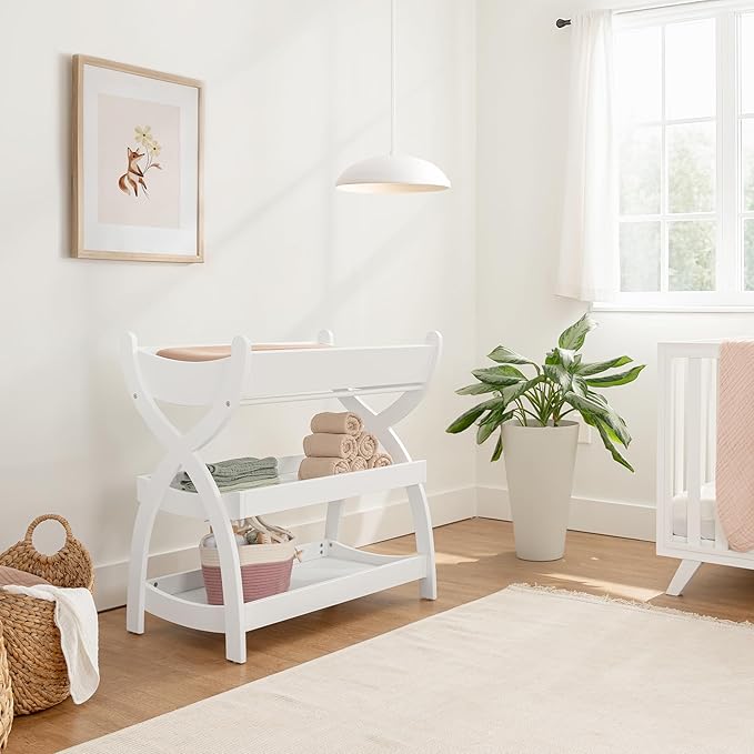 Comfy Cubs Baby Changing Table - Sturdy Wood Construction, Timeless Look Baby Change Table with Two Open Shelves for Infant Daycare Essentials Storage - White