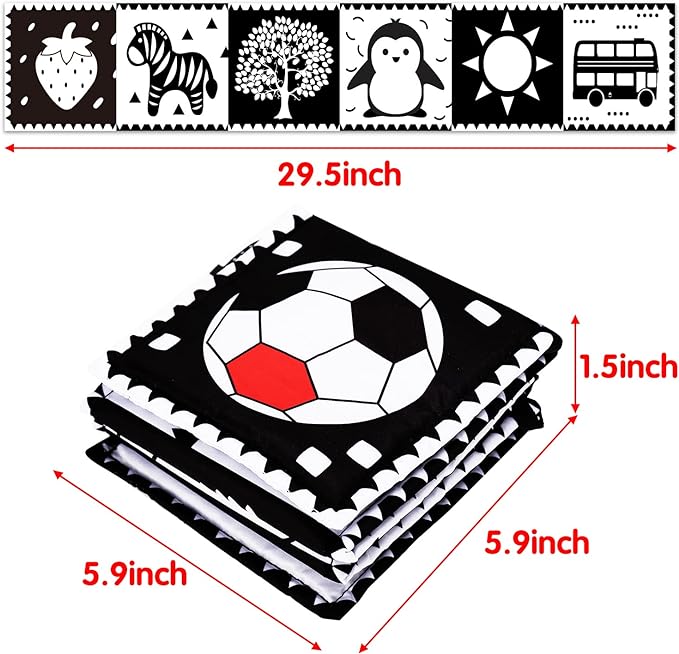 Thremhoo Black and White High Contrast Baby Toys 0-6 Months Soft Book for Brain Development, Tummy Time, Sensory, Montessori Learning Activities