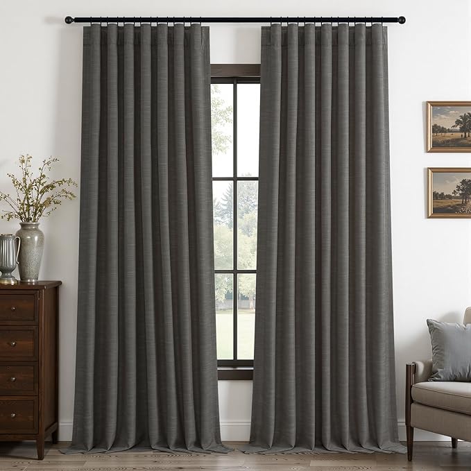 Topfinel 96 Inch Long Blackout Linen Curtains for Livingroom, Carbon Grey Viral Drapes Pinch Pleated Curtains for French Doors 2 Panels Set, Luxury Modern American Style Linen Drapes 52" W*96" L
