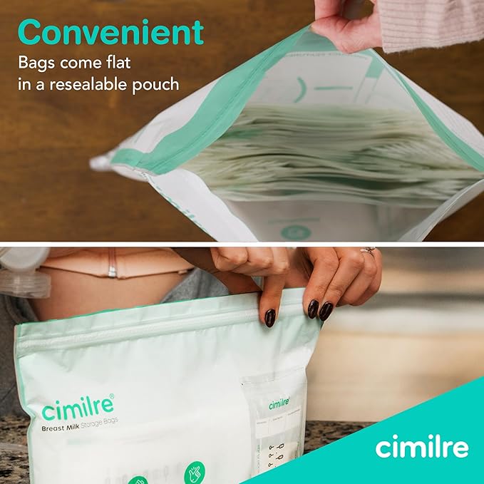 Breast Milk Storage Bags by Cimilre, Leak-Proof Breastmilk Storage Bags, Freeze Flat or Standing, 7 oz. Bags (100 Pack)