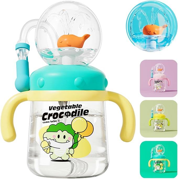 Whale Fountain Tumbler, Spill Proof Straw Cups for Toddlers Interactive Baby Straw Cup & Weighted Sippy Cups, Fun Drinking Cup with Whale Squirt 10oz/300ml