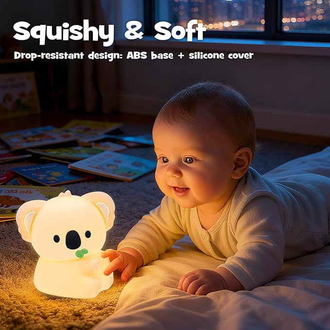 Squishy Koala Night Light with RGB Mode Cute Cuddly Koala Light 3 Brightness Adjustable Nursery Breastfeeding Nightlight Rechargeable Silicone Touch Bedside Animal Lamp for Bedroom Dorm Decor