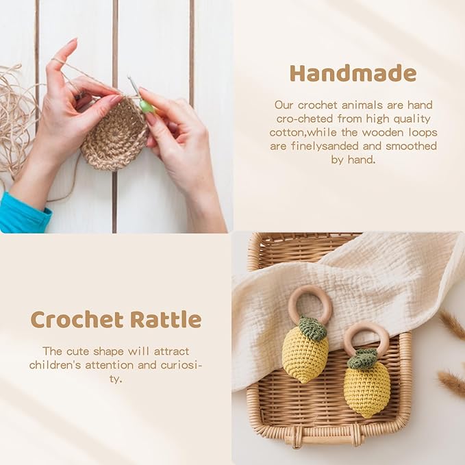 WOODEN TEETHER Crochet Baby Rattle, Crochet Baby Toys, Organic Wooden Newborn Toys, Newborn Animal Rattle Toys，Knitted Stuffed Animals Gifts for Baby, Lemon