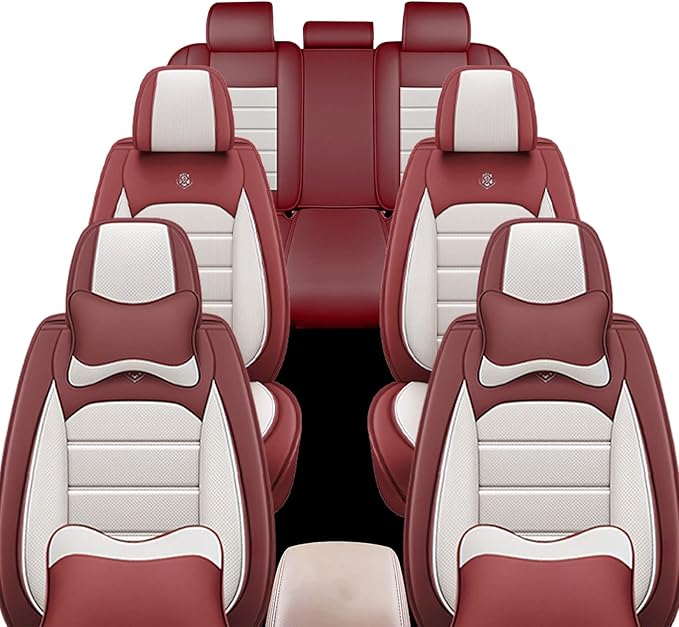 JOJ Car Seat Cover Fit for Toyota Highlander 2001-2025,7 Seat Car Seat Cover,No-Slip Waterproof Breathable Faux Leather Automotive Seat Covers Auto Interior Covers,Full Set with Pillow,Cream Red