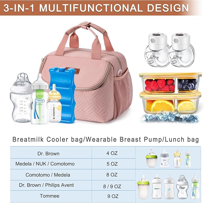 Breastmilk Cooler Bag with Ice Pack Fits 6 Baby Bottles up to 9 Ounce, Wearable Breast Pumps Cooler Bag for Nursing Mom Daycare, Work, Travel- Pink