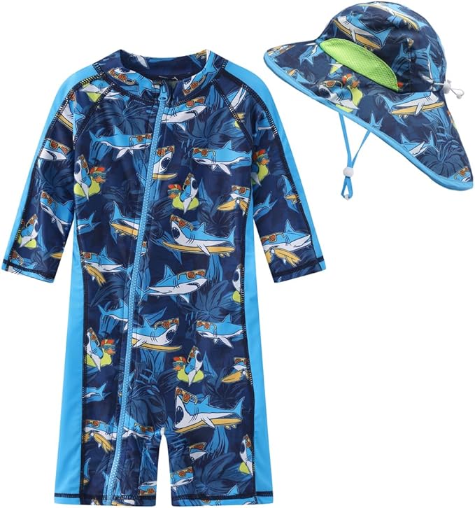 Toddler Baby Boys Swimsuit Rashguard One Piece Zipper Bathing Suit with Sun Hat Infant Swimwear Sunsuit UPF 50+