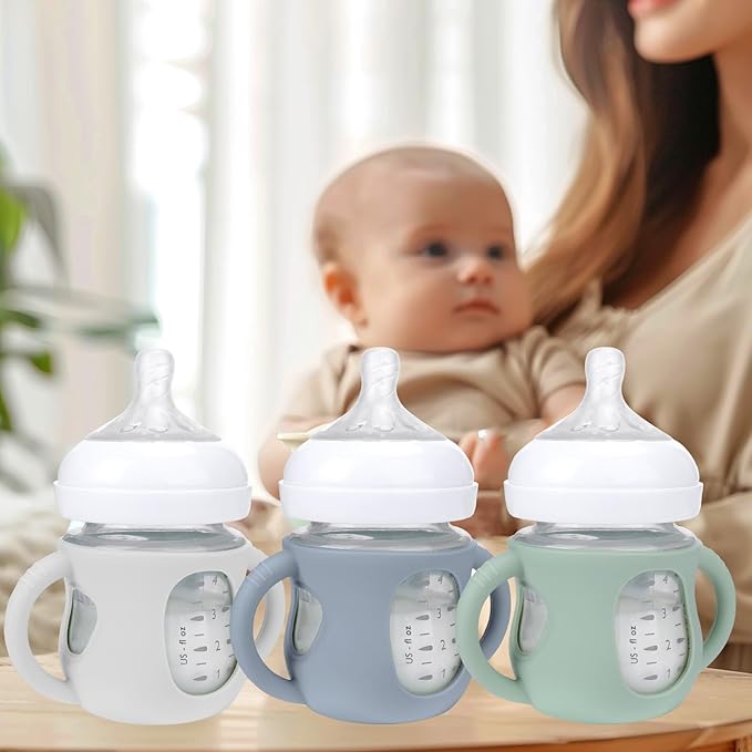 BUSOHA 3 Pack Silicone Sleeves for Avent Baby Bottles - Anti Breakage Baby Bottle Holder with Handle for Avent Natural Glass Baby Bottles,Compatible with Avent Baby Bottle,4 oz