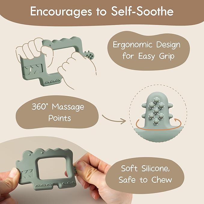 Moonkie Teething Toy, Safe & Easy to Hold BPA Free Silicone Baby Soothing Teethers, Prevent Finger Sucking Teether Toys Best for Babies 0-6 6-12 Months (Crocodile Sage)