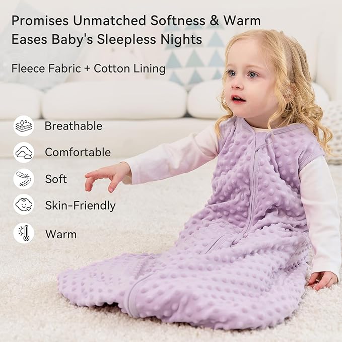 Fleece Baby Sleep Sack 12-18 Months with Plush Dots 1.5 Tog Baby Wearable Blanket with 2-Way Zipper Warm Sleeping Sack for Toddler Infant - Large, Taro Purple