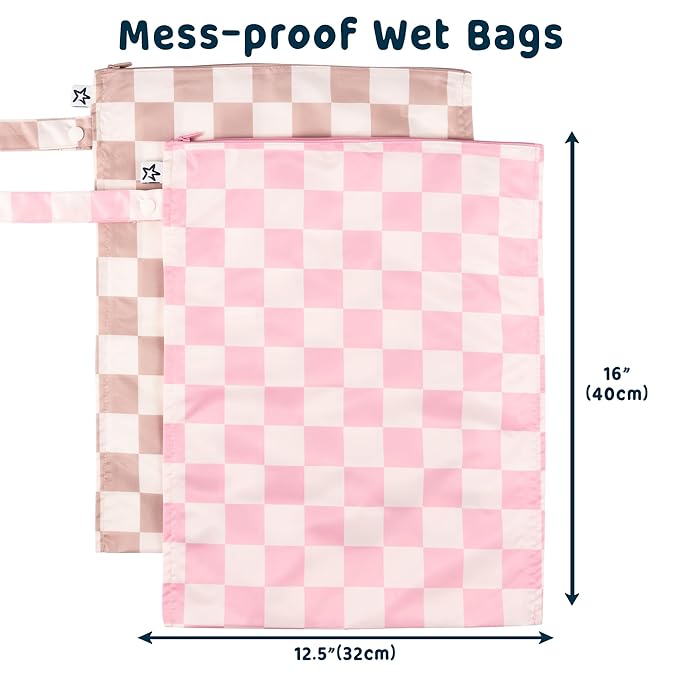 Tiny Twinkle Wet Dry Bag – 2 Pack Reusable Waterproof & Mess Proof Wet Bags for Swimsuits & Travel, Baby Towels & Beach Essentials,a Diaper Bag Must-Have(Pink, Brown Checkers)