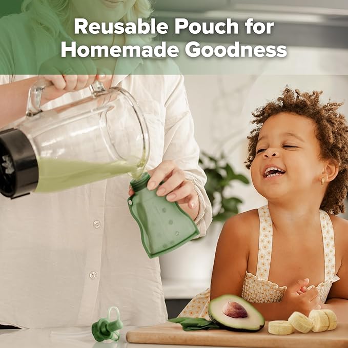 haakaa Baby Food Pouch Refillable Baby Squeeze Silicone Yummy Pouch, Soft Reusable Squeeze Storage Food Pouch for Kids Toddler,Home Made Food Puree,Smoothie Pouch Bag, 4oz, 4 Pack,6m+(Pea Green)