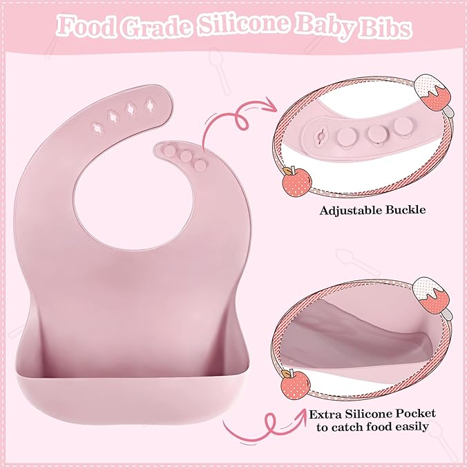 Silicone Baby Feeding Set 10 Pcs Baby Led Weaning Supplies Suction Bowl Divided Plate Baby Bibs Fruit feeder Pacifier Baby Spoons Forks Sippy Cup Utensil Sets Baby Essentials for Newborn Gift Pink