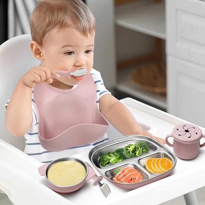 Stainless Steel Kids Plates and Bowls Set with Suction, Divided Baby Plate and Toddler Bowl with Removable Silicone Suction,Stainless Steel Weaning Bundle, Silicone Baby Feeding Set (Pink)