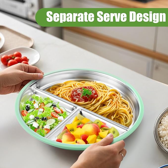BUSOHA 3 Pack Stainless Steel Kids Plate Set - 9” Divided Toddler Baby Plates with Silicone Sleeves with Suction 2-in-1 Anti Breakage Metal Toddler Bowls Microwave Dishwasher Safe