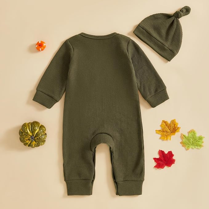 Newborn Infant Baby Boy Halloween Outfit Little Pumpkin Embroidery Romper Waffle Knit Long Sleeve Jumpsuit with Hat