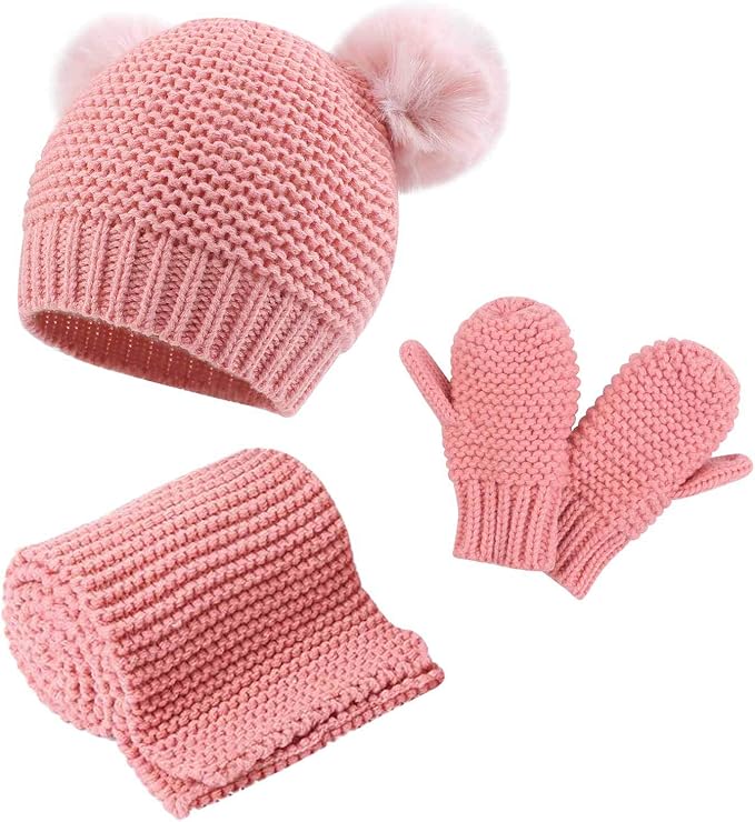 Duoyeree Baby Winter Hat Scarf Glove Beanie Set Girls Boys Pom Pom Knitted Beanie Mitten Scarves for Toddler 0-3T