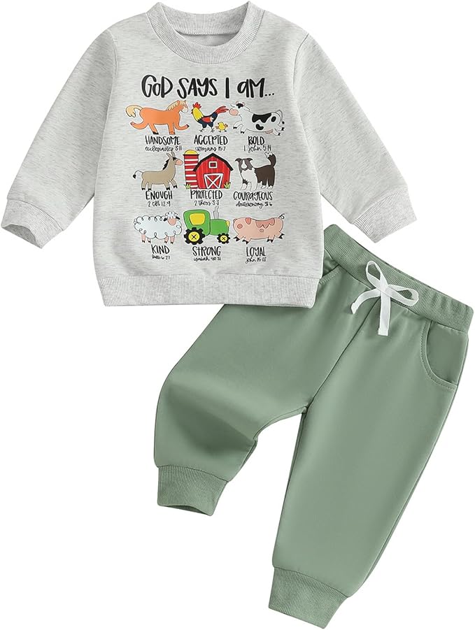 Nyapruwe Toddler Baby Boy Fall Outfit Funny Print Long Sleeve Sweatshirt Joggers Pants Set Kids Warm Winter Clothes
